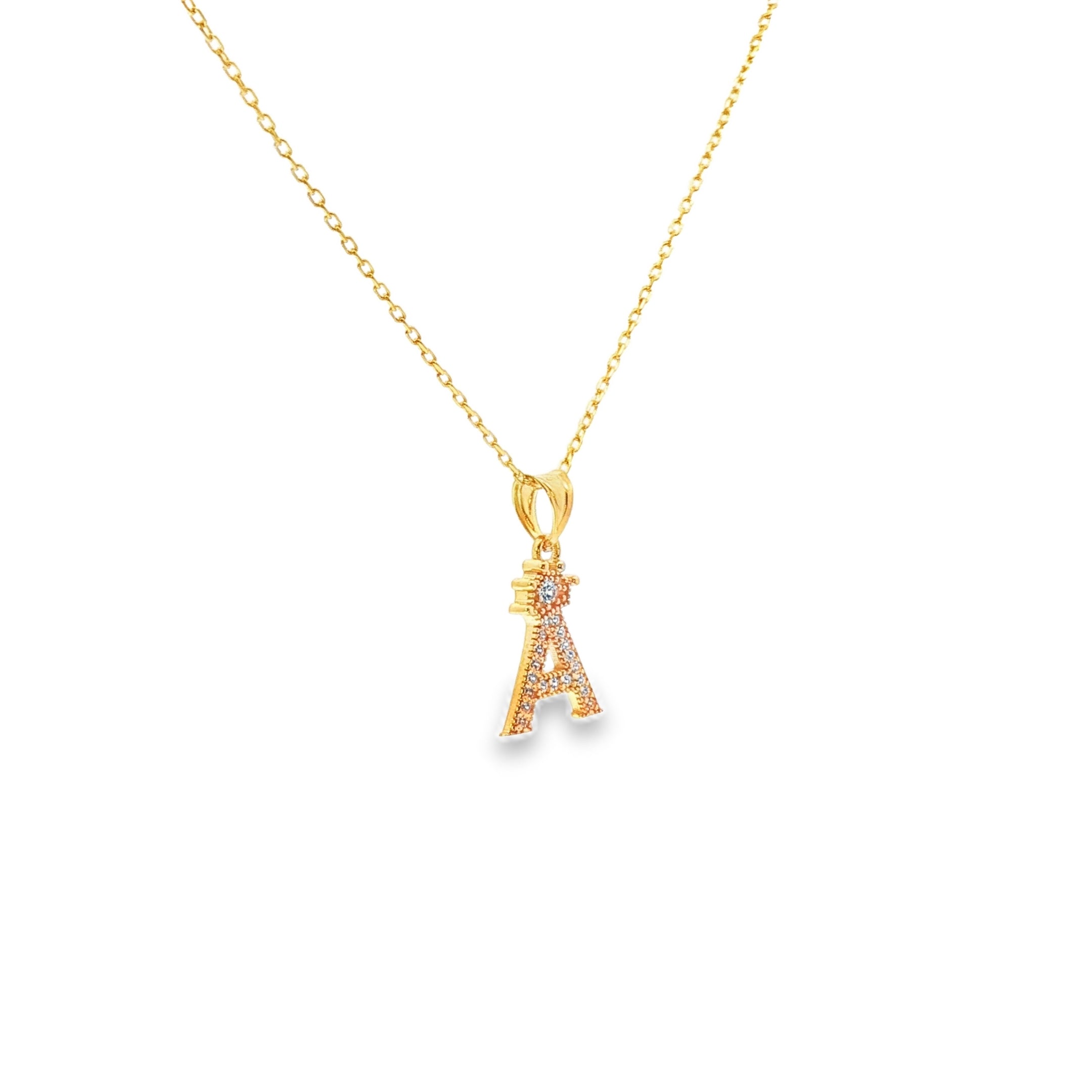 Yellow Gold Charm Necklace with White Stones Letter 'A' Pendant