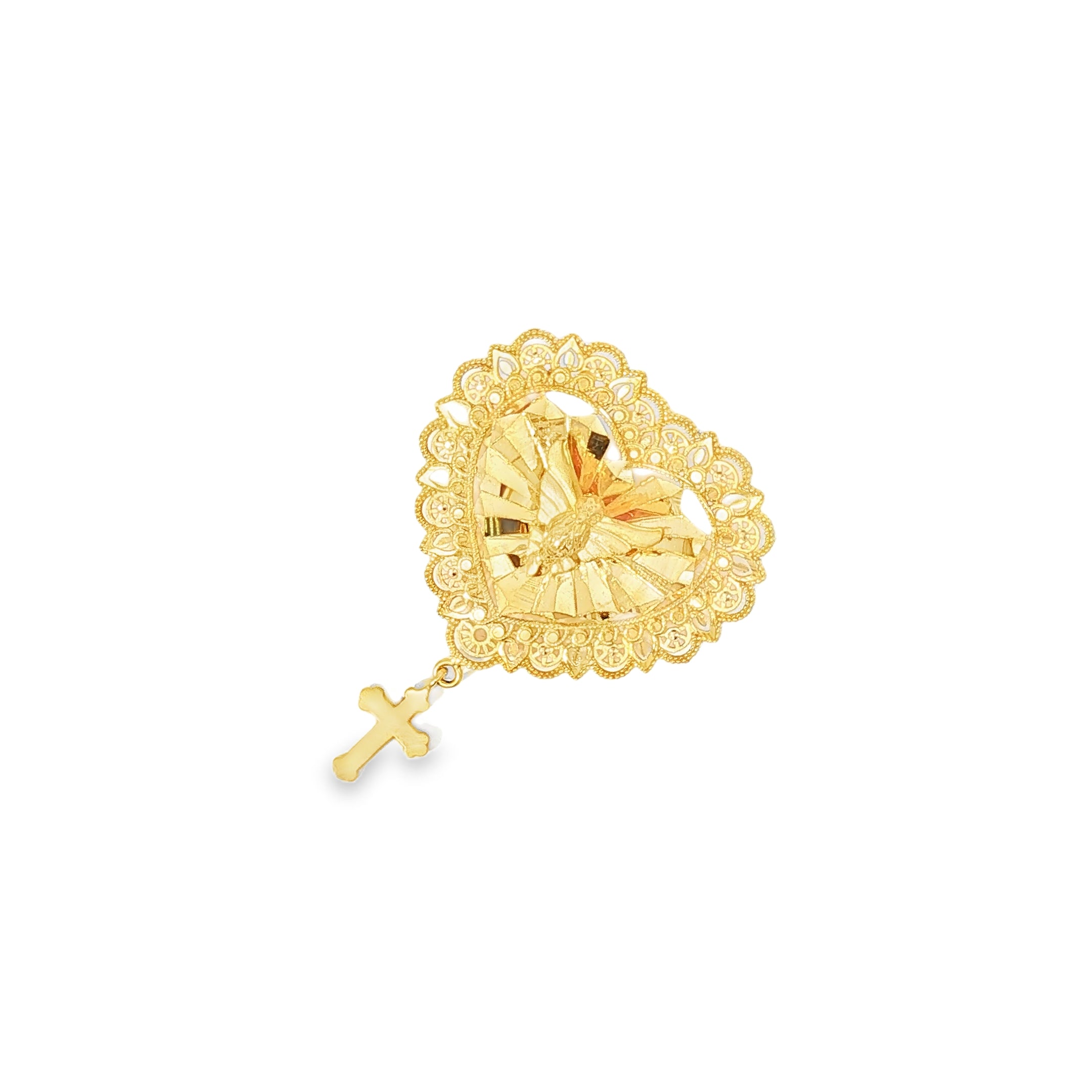 Yellow Gold Filigree Heart Brooch with Dove and Cross