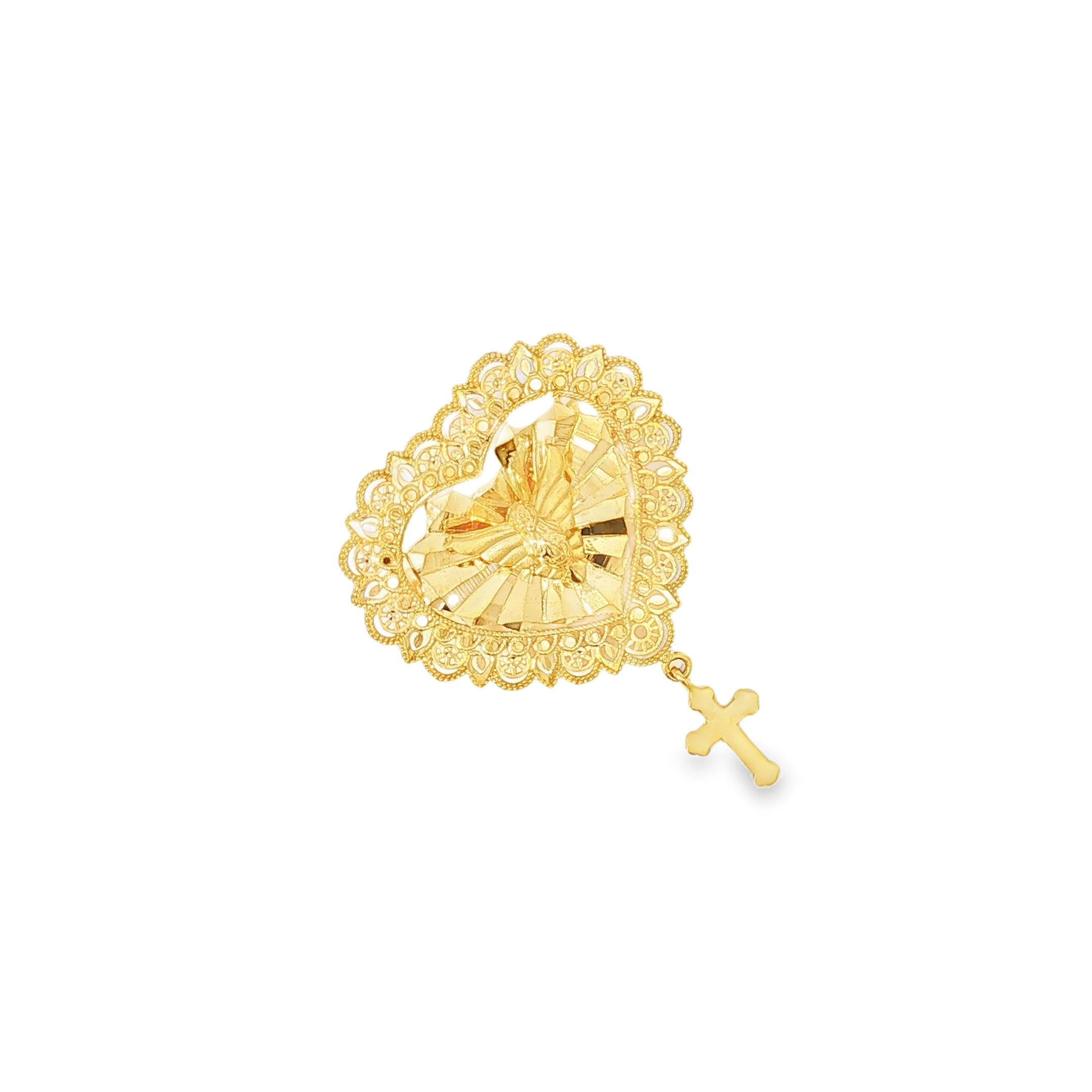 Yellow Gold Filigree Heart Brooch with Dove and Cross